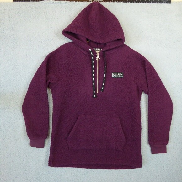 Victoria Secret Hoodie Women Extra Small Pink Pull Over Sweater Deep Pile Fleece - Picture 1 of 8